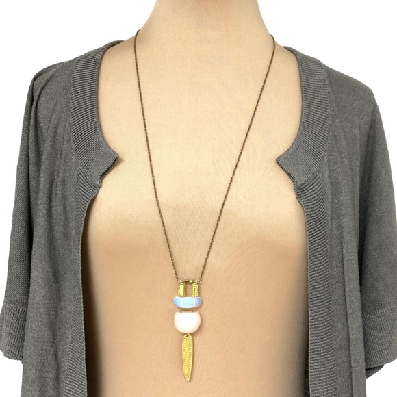 necklace MIMI SCHOLER mixed materials pendant gold resin moonstone 21" chain - Picture 4 of 11